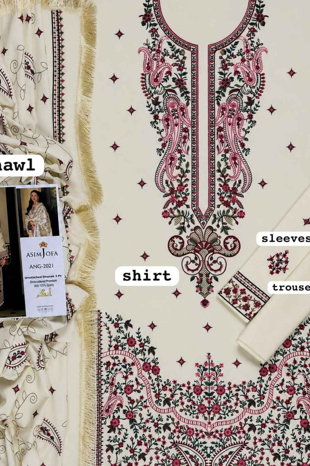An off-white embroidered traditional outfit laid flat, showing a shirt front with pink and dark green floral embroidery, matching sleeve and trouser embroidery, and a coordinating fringed dupatta. Text labels point to shirt, sleeves, and trouser.