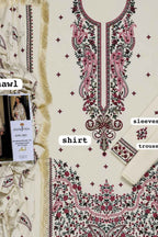 An off-white embroidered traditional outfit laid flat, showing a shirt front with pink and dark green floral embroidery, matching sleeve and trouser embroidery, and a coordinating fringed dupatta. Text labels point to shirt, sleeves, and trouser.