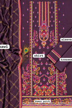 Purple unstitched salwar kameez suit material set with intricate multicolor embroidery, featuring a shirt panel, trousers, and matching dupatta with gold chain pattern.