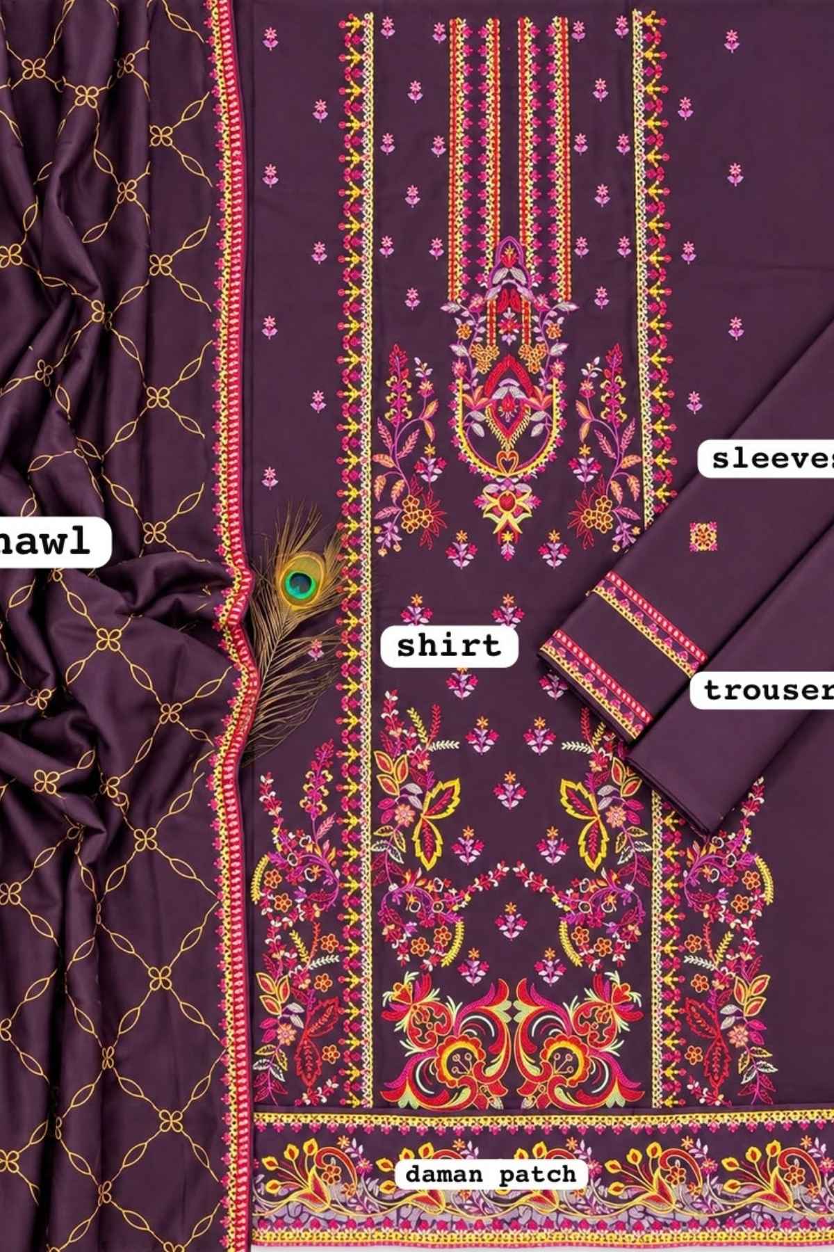 Purple unstitched salwar kameez suit material set with intricate multicolor embroidery, featuring a shirt panel, trousers, and matching dupatta with gold chain pattern.