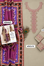 A flat-lay presentation of a traditional South Asian clothing set, featuring a purple and black floral printed shawl, a beige embroidered kurta, matching beige trousers, and a peacock feather accent on a neutral beige background. Brand label 'Jazmin' is visible on the card.