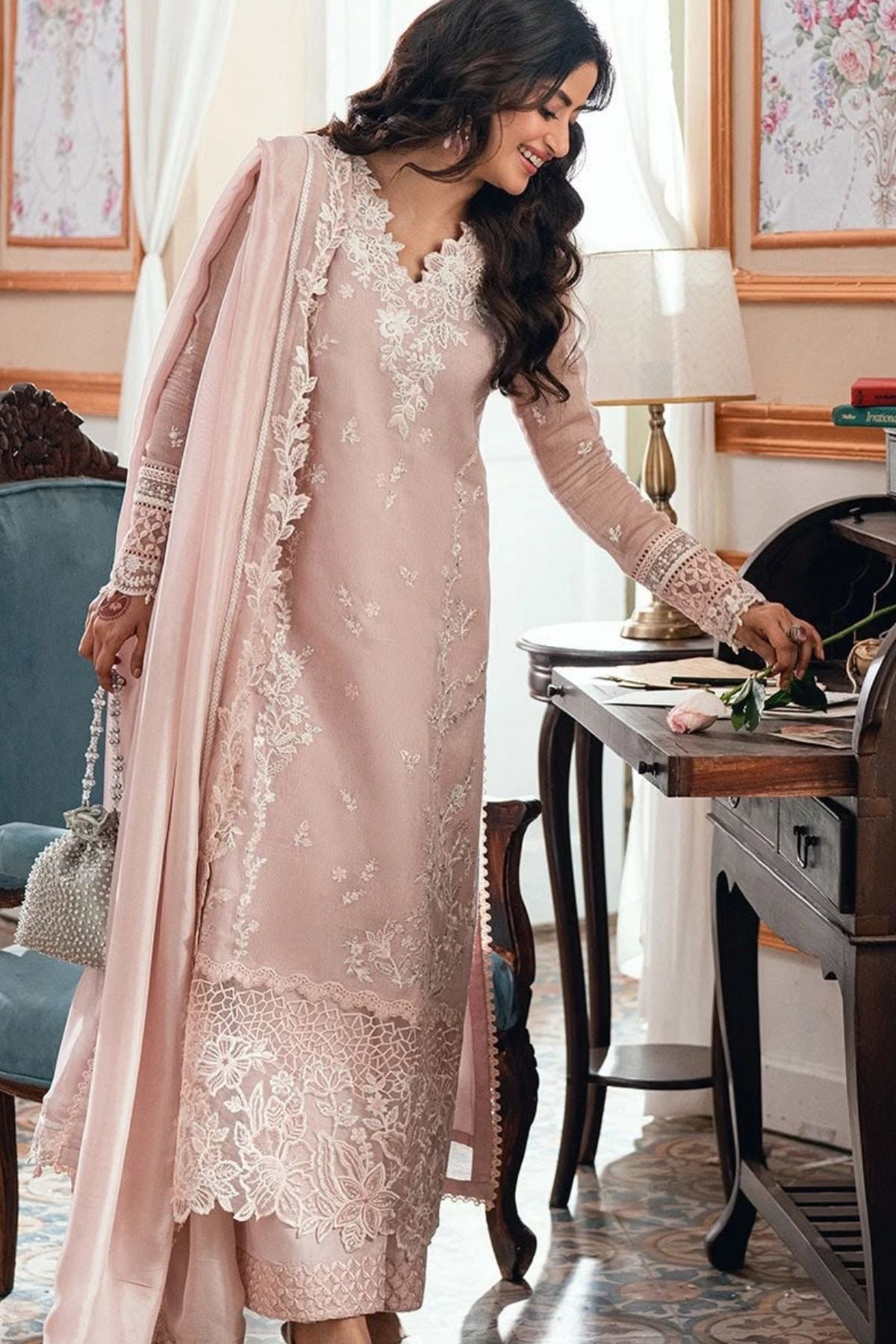 Blush Pink Embroidered Chiffon 3 Piece Unstitched Suit