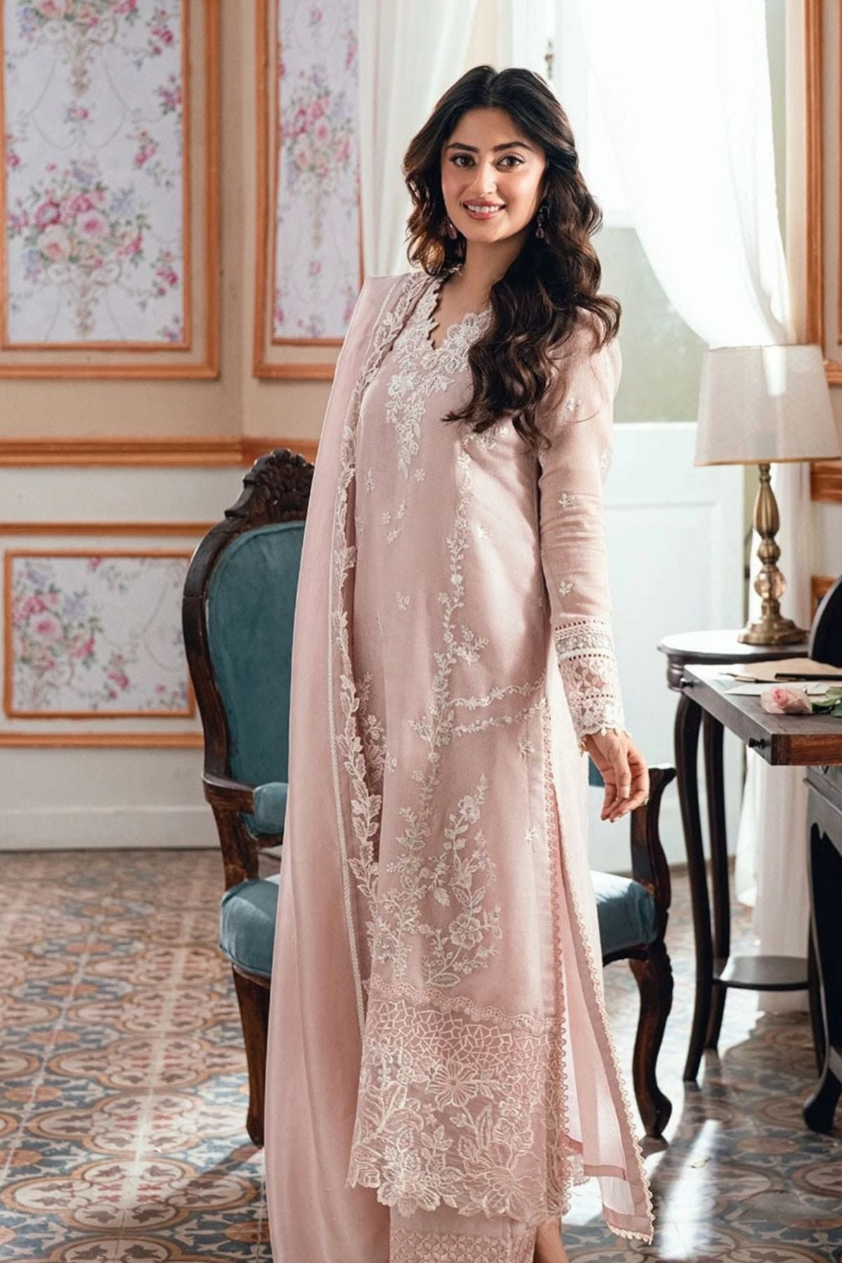 Blush Pink Embroidered Chiffon 3 Piece Unstitched Suit