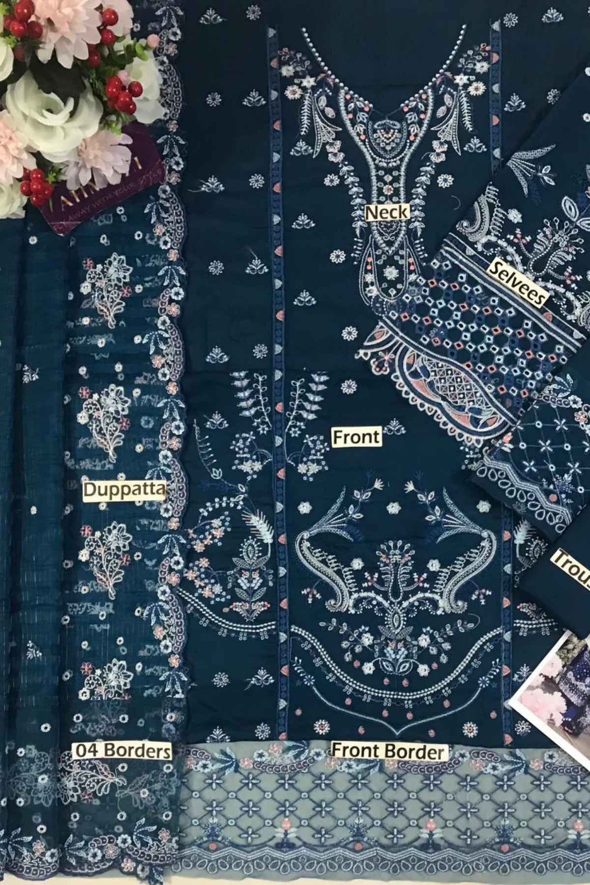 Navy blue fabric with white embroidery labeled 'Duppatta', 'Seventies', 'Front', '04 Borders', and 'Front Border'.