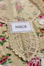 Decorative lace fabric with a card labeled 'NECK' on a floral background