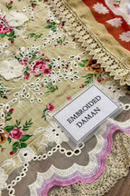Embroidered daman with floral patterns and lace details, featuring a label.