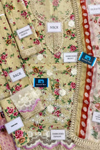 Decorative fabric with embroidered patterns and labels indicating different parts of the fabric.