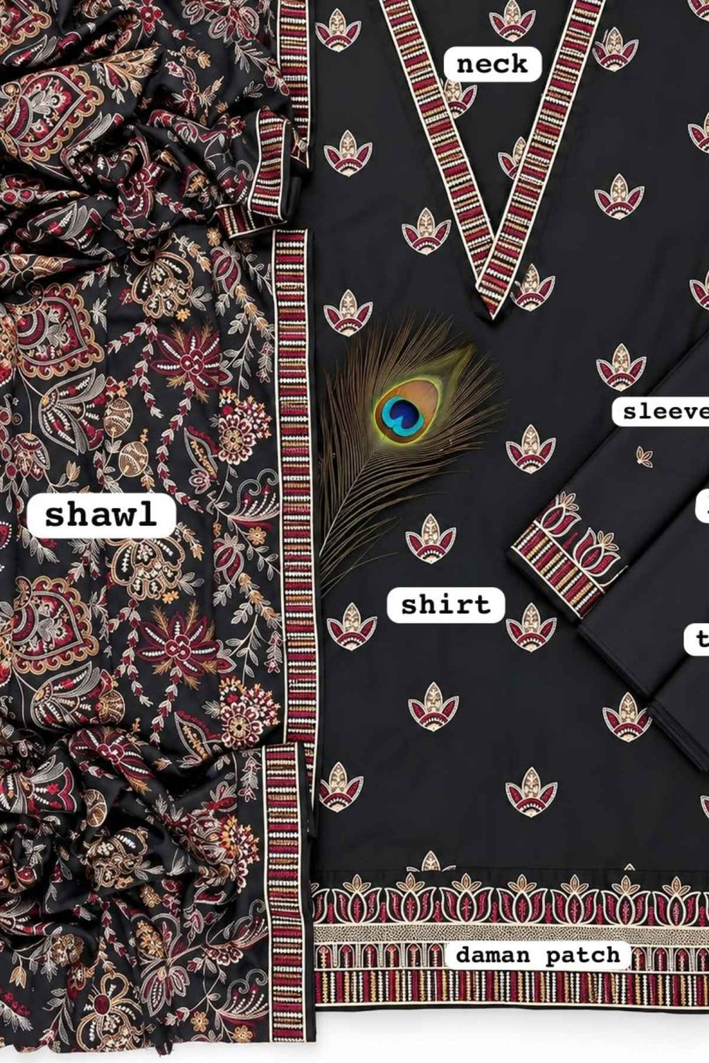 Black cotton fabric suit material set featuring a printed shirt, matching neck and sleeve panels, a patterned shawl, and a decorative peacock feather accent on a white background with labels.