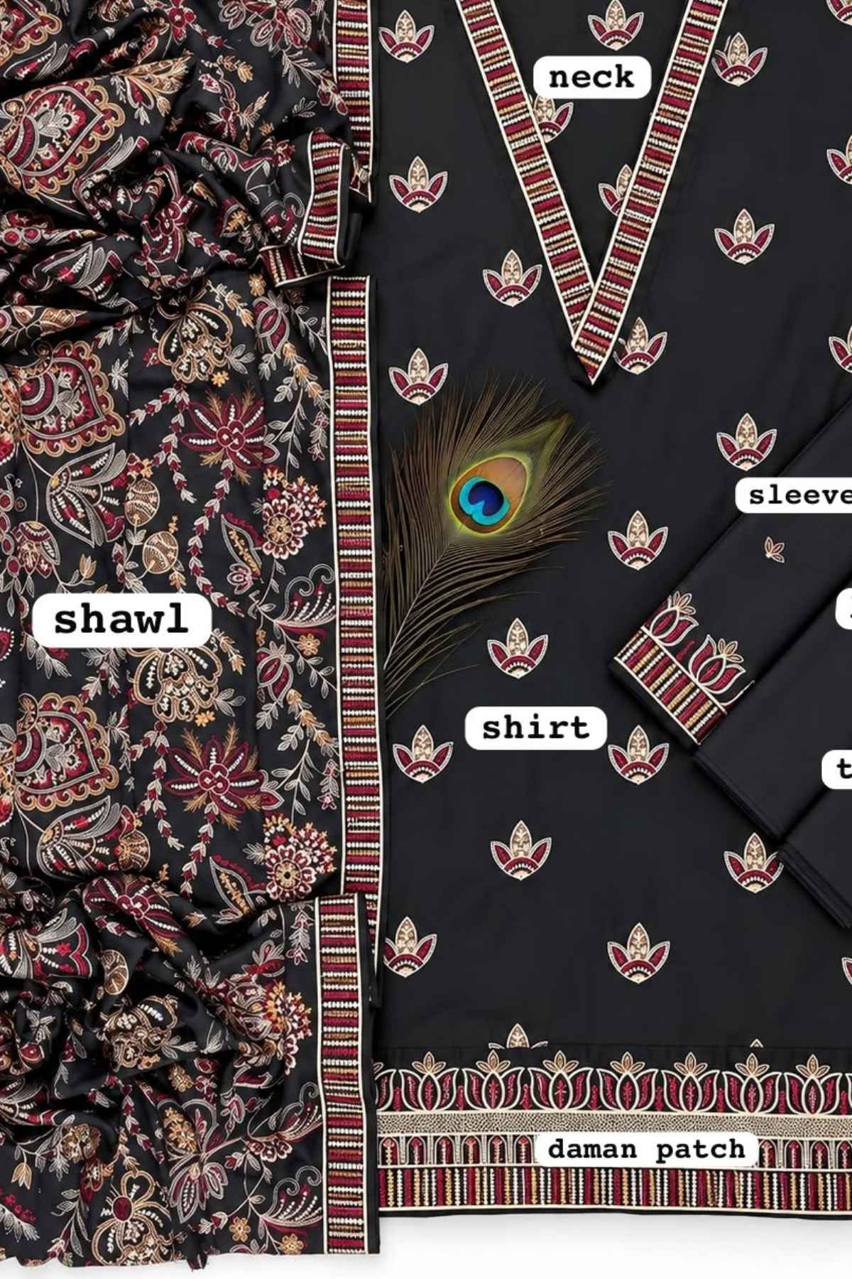Black cotton fabric suit material set featuring a printed shirt, matching neck and sleeve panels, a patterned shawl, and a decorative peacock feather accent on a white background with labels.