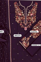 A dark purple salwar suit set with intricate gold, red, and pink floral embroidery on the shirt yoke and sleeves, accompanied by a matching embroidered dupatta.