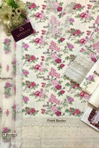 Floral fabric with visible branding on a white background