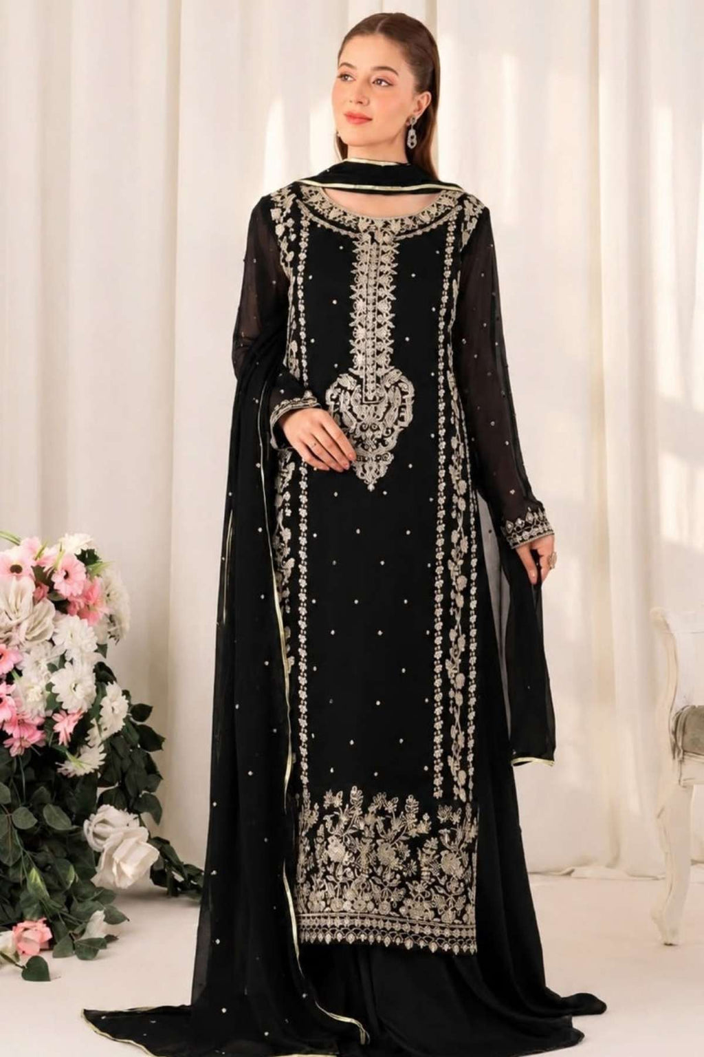 Haris Shakeel Embroidered Chiffon Unstitched 3 Piece Suit