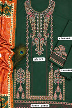 A dark green embroidered traditional kurta set with a matching orange patterned dupatta, shown in a flat-lay layout with labels pointing to the shirt, sleeves, trouser, and daman patch.