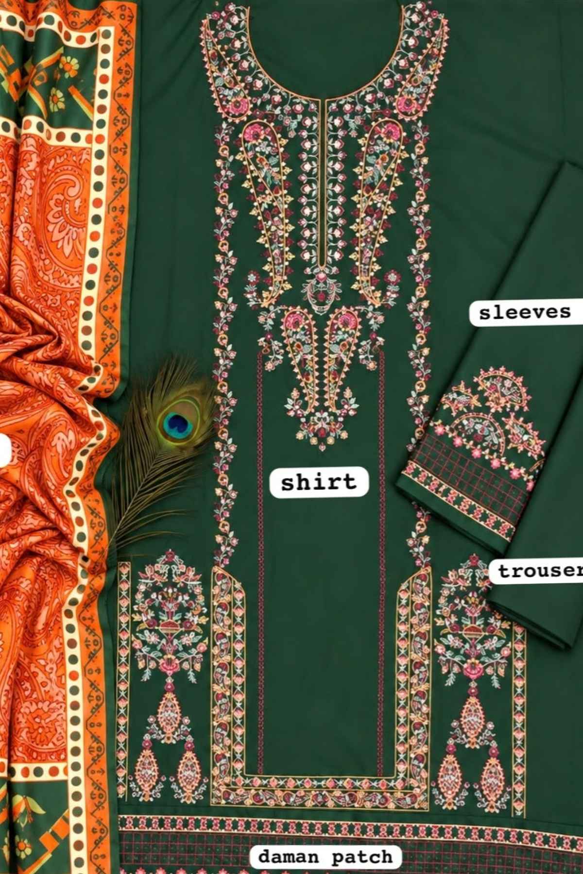 A dark green embroidered traditional kurta set with a matching orange patterned dupatta, shown in a flat-lay layout with labels pointing to the shirt, sleeves, trouser, and daman patch.