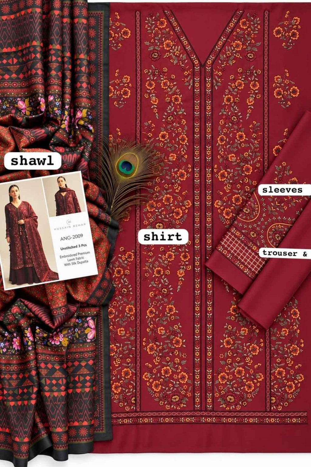 A flat lay of a traditional South Asian men's three-piece suit set in deep maroon. The set includes a long-sleeved embroidered kurta (labeled 'shirt'), matching sleeves, trousers, a patterned shawl, and a peacock feather accent.