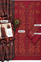 A flat lay of a traditional South Asian men's three-piece suit set in deep maroon. The set includes a long-sleeved embroidered kurta (labeled 'shirt'), matching sleeves, trousers, a patterned shawl, and a peacock feather accent.