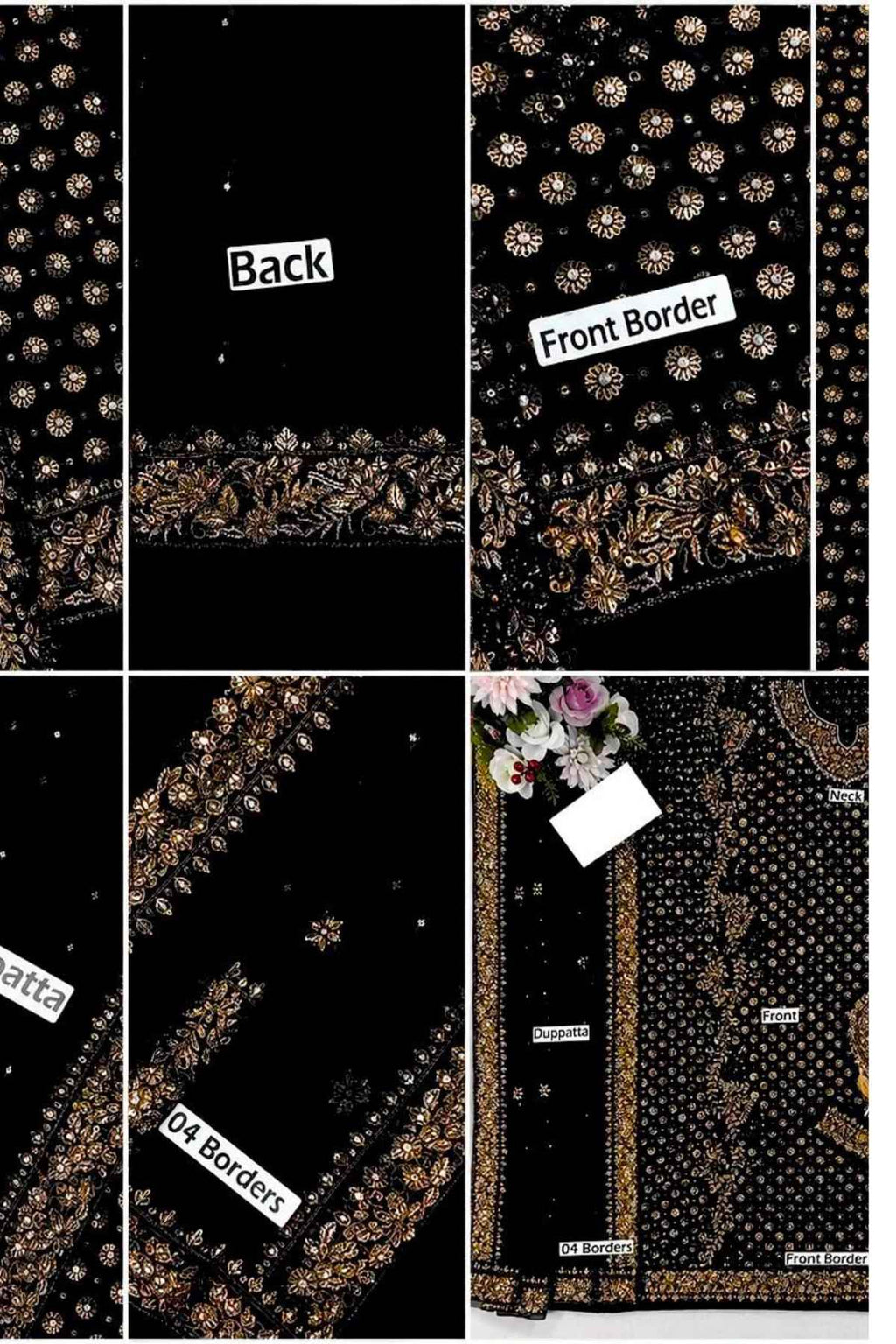 A collage showing multiple close-up views of a black embroidered fabric panel, labeled with parts such as Back, Front Border, and Other borders. The fabric is black with dense gold and beige floral embroidery, sequins, and metallic detailing.