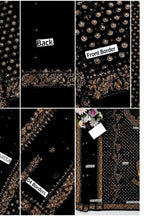A collage showing multiple close-up views of a black embroidered fabric panel, labeled with parts such as Back, Front Border, and Other borders. The fabric is black with dense gold and beige floral embroidery, sequins, and metallic detailing.