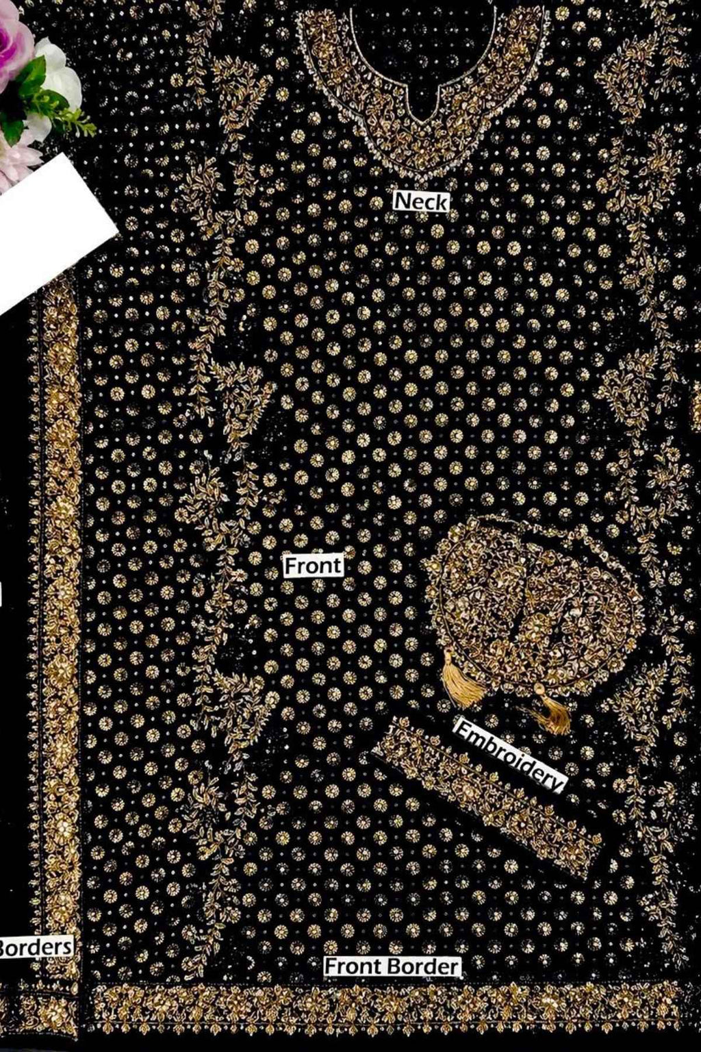 Black embroidered kurta fabric design with gold and beige floral patterns, labeled with parts including 'Neck', 'Front', 'Front Border', and 'Embroidery'.