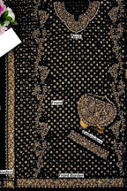 Black embroidered kurta fabric design with gold and beige floral patterns, labeled with parts including 'Neck', 'Front', 'Front Border', and 'Embroidery'.