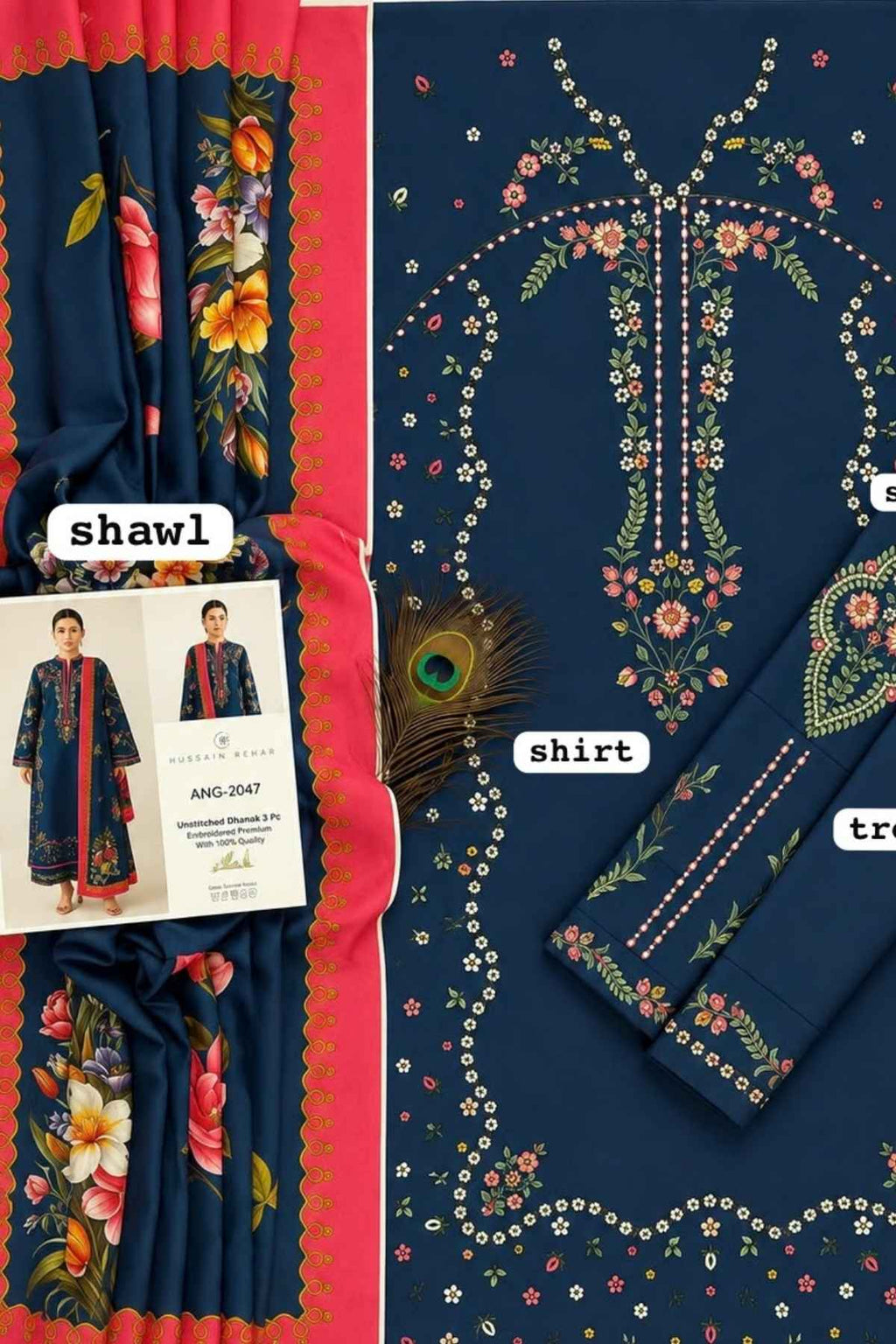 A navy blue embroidered traditional shawl and shirt set with floral prints, shown in a flat-lay collage with a peacock feather, fabric swatches, and a printed model card.