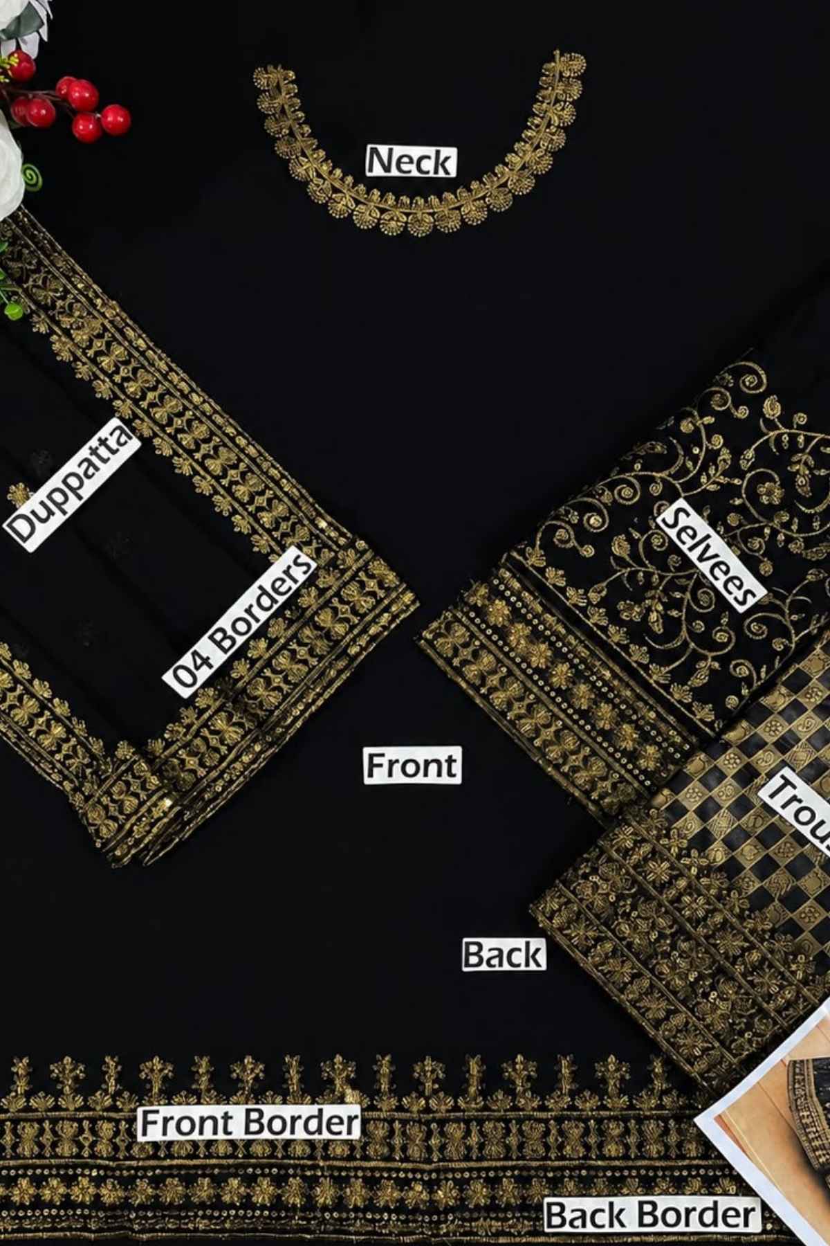 Black fabric garment laid flat with gold embroidered borders and labels pointing to parts: Neck, Front, Back, Dupatta, Salwar, Trouser, Front Border, and Back Border.