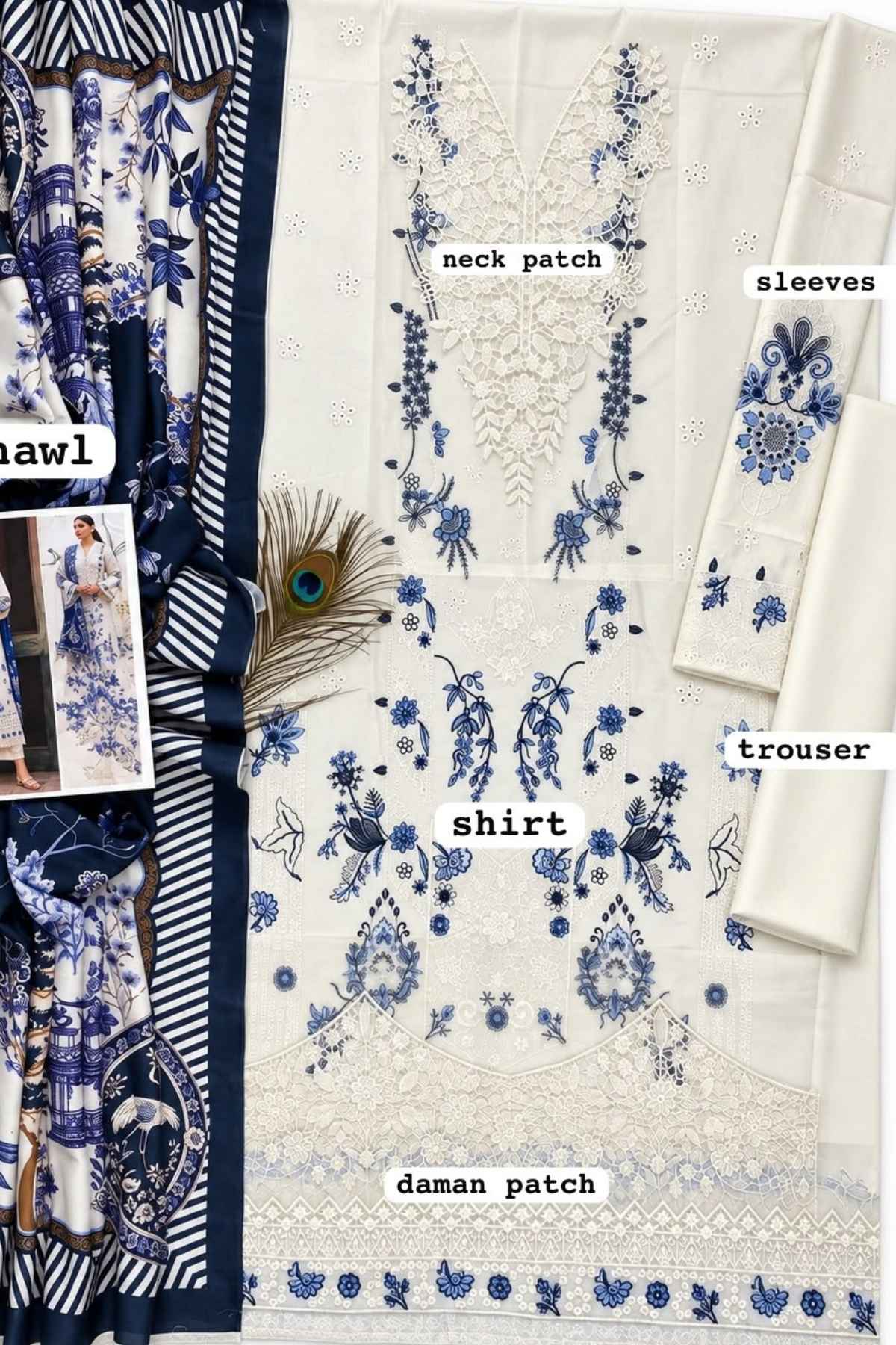 A flat lay of a traditional embroidered fabric set, featuring a cream-colored shirt with blue floral embroidery, a matching blue and white patterned shawl, a striped border, and a peacock feather accent. Text labels identify the shirt, trouser, sleeves, neck patch, and damask patch.