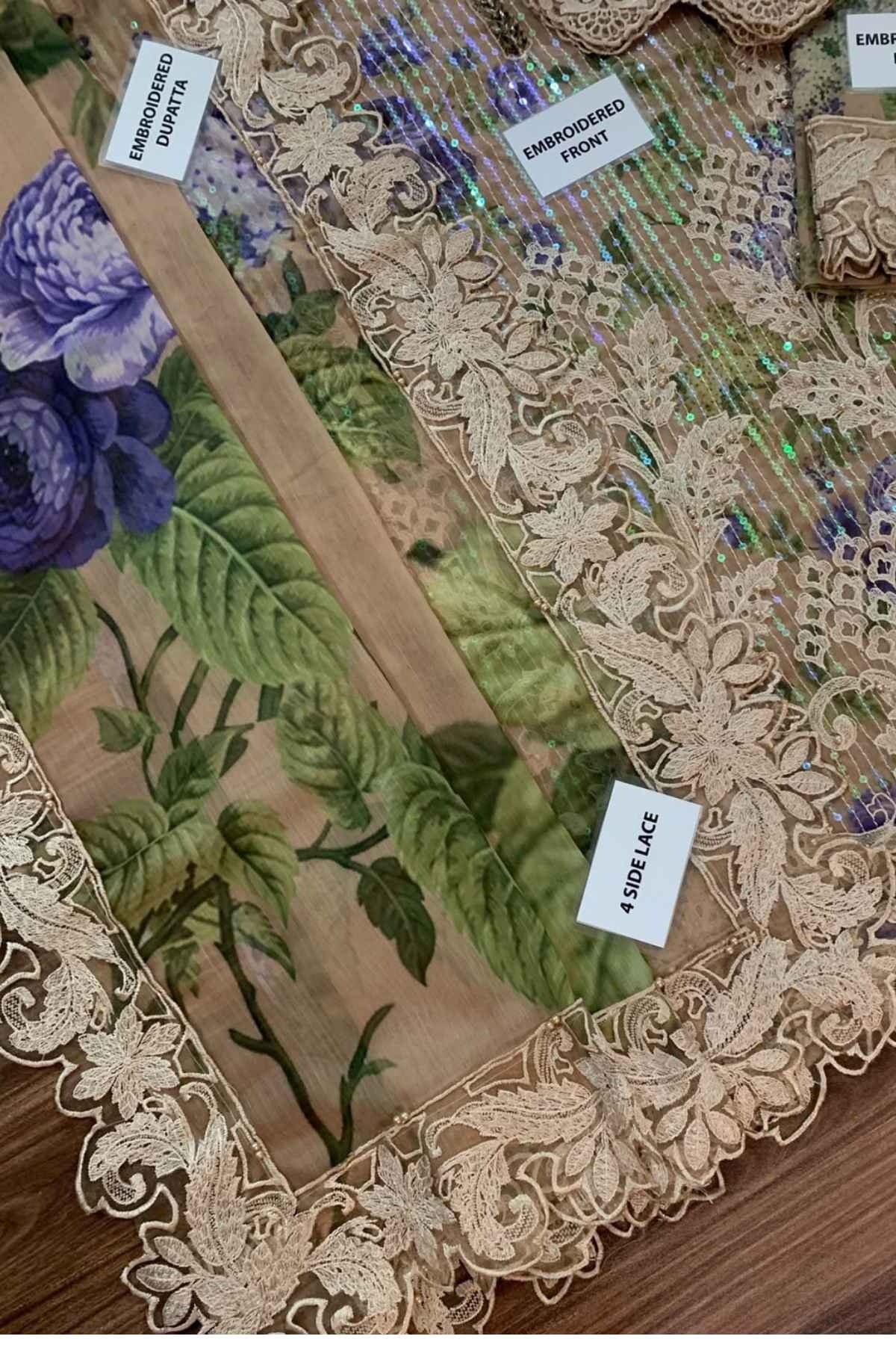 Maria B Digital Printed Chiffon 3 Piece Suit with 3D Flowers & Adda Work