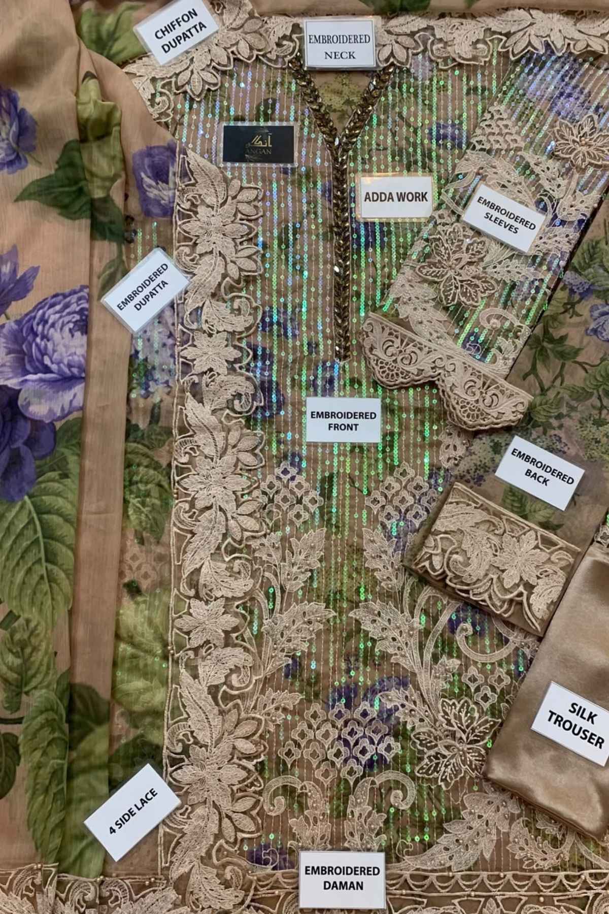 Maria B Digital Printed Chiffon 3 Piece Suit with 3D Flowers & Adda Work