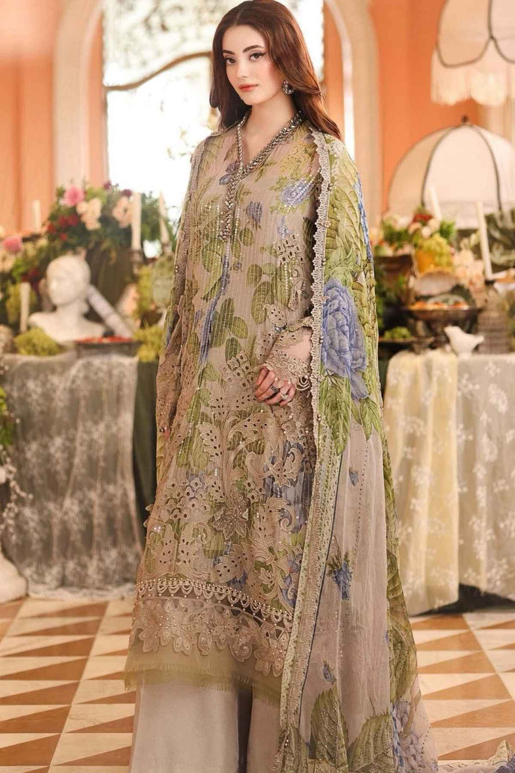 Maria B Digital Printed Chiffon 3 Piece Suit with 3D Flowers & Adda Work