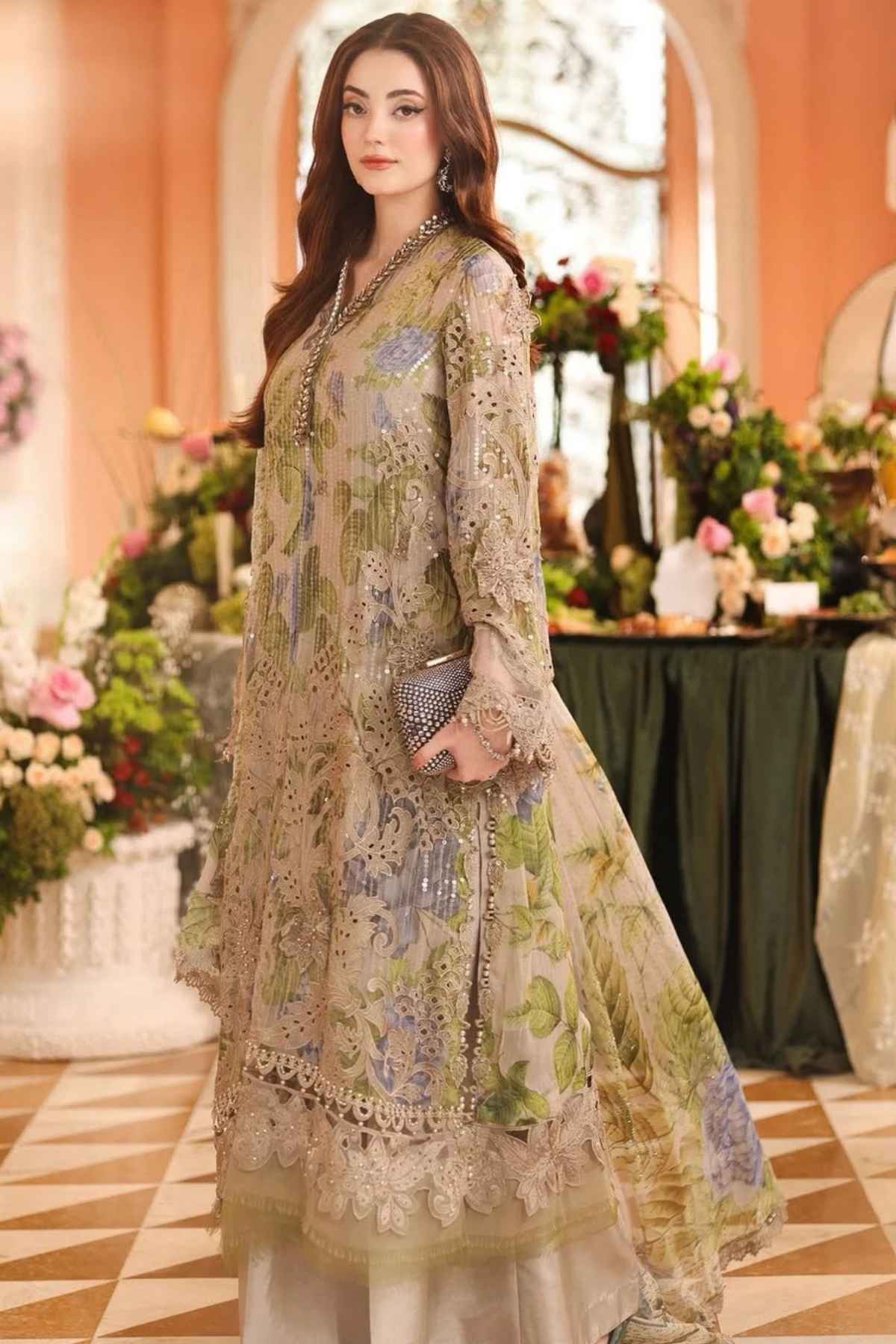 Maria B Digital Printed Chiffon 3 Piece Suit with 3D Flowers & Adda Work
