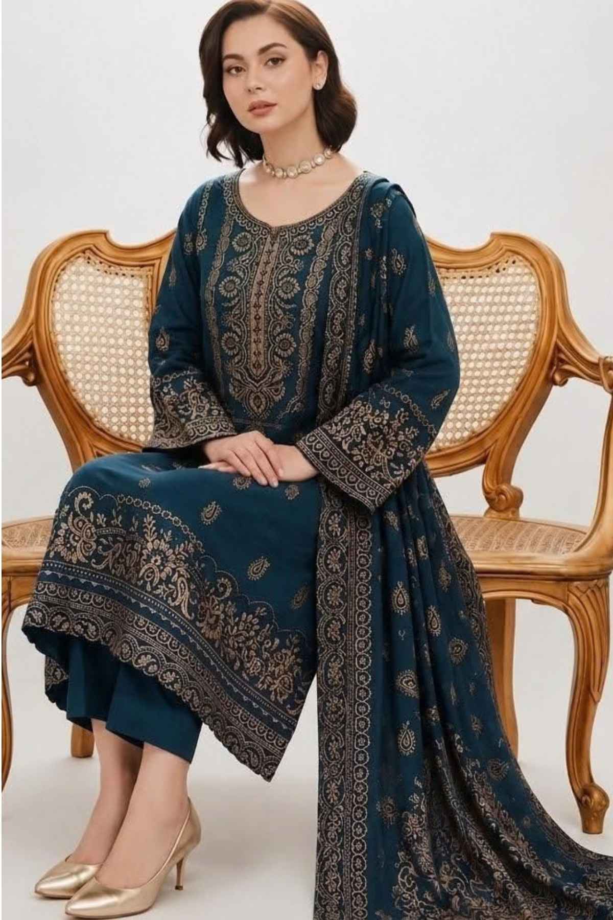 A woman seated on a carved wooden cane-back chair wearing a dark teal embroidered traditional outfit with metallic gold detailing, matching pants, and a draped dupatta, against a light neutral studio background.