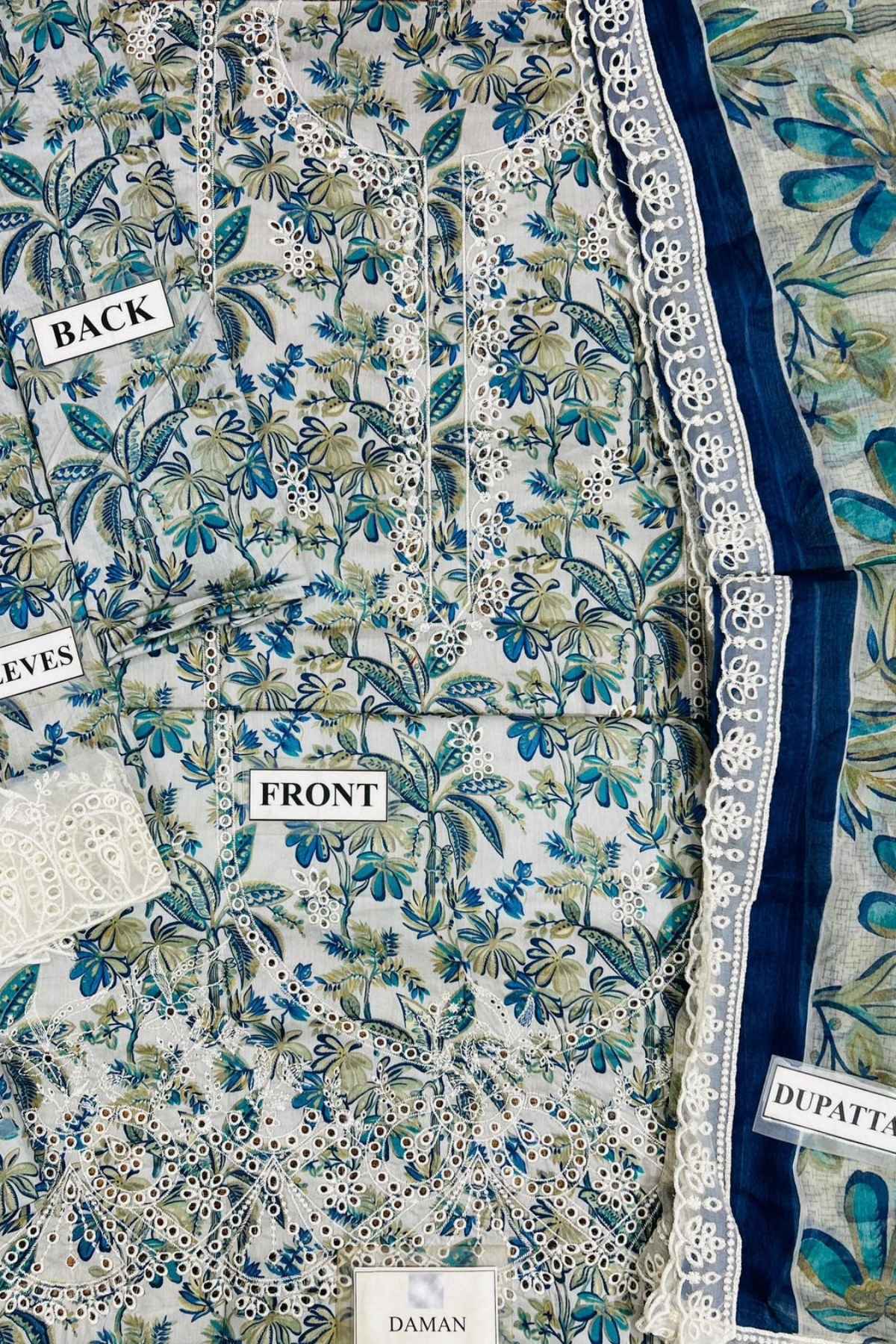 Fabric with floral pattern, labeled 'Back', 'Front', 'Dupatta', and 'Daman'.