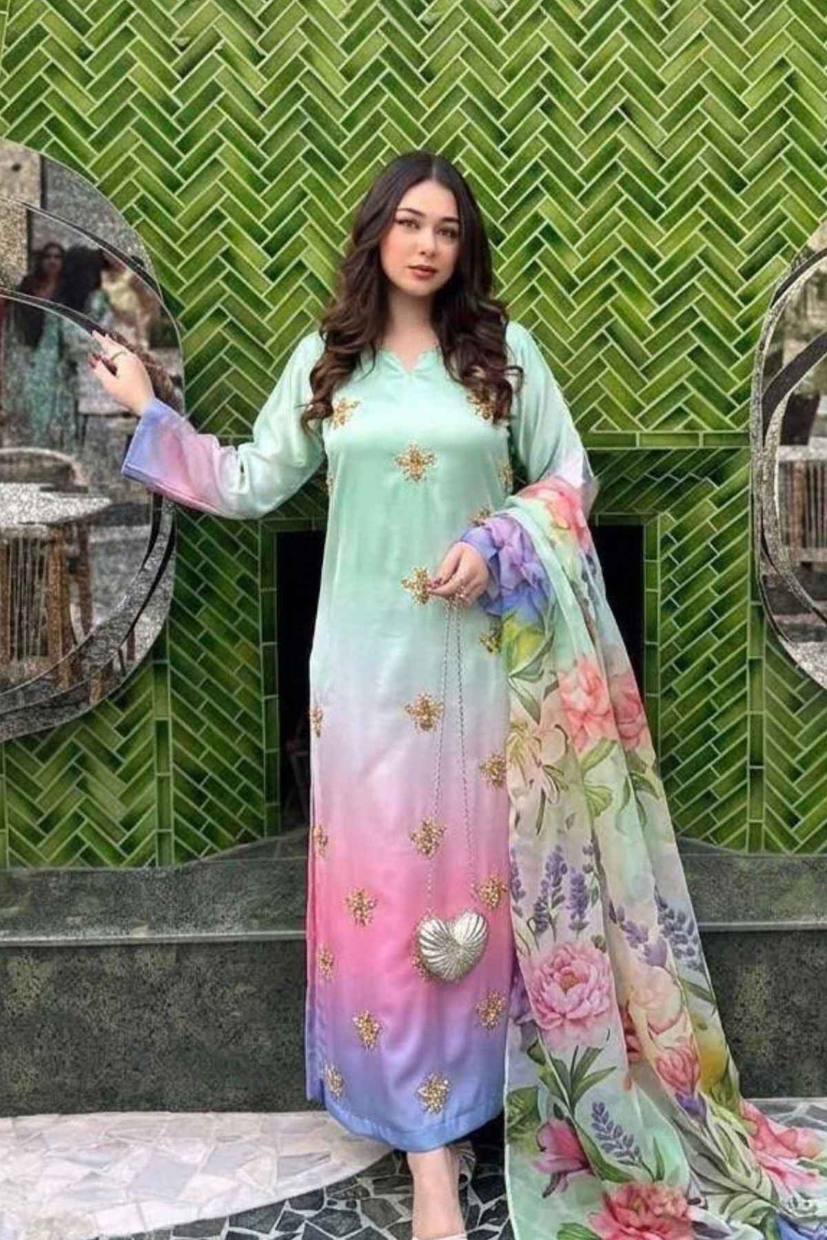 Shamoze Silk Tie-Dye 3 Piece Suit with Pearls & Beads Handwork