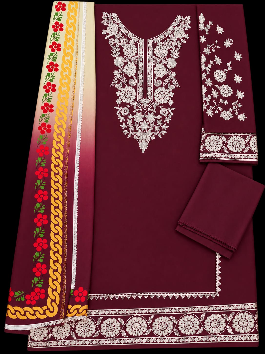 Maroon Embroidered Dhanak Unstitched 3 Piece Winter Suit