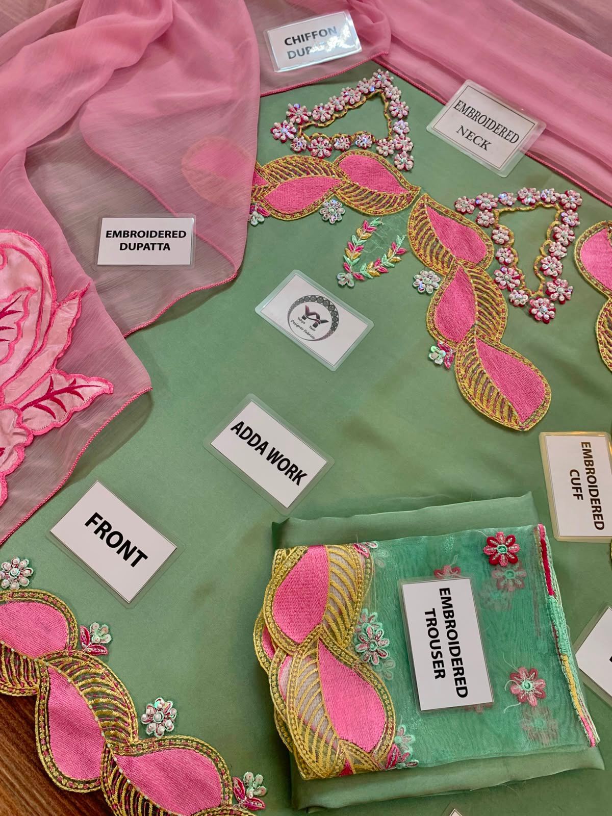 A styled flat-lay of a pink and mint green embroidered traditional outfit fabric set, showing various labeled components like the dupatta, front, trooper, and neck on a wooden surface.