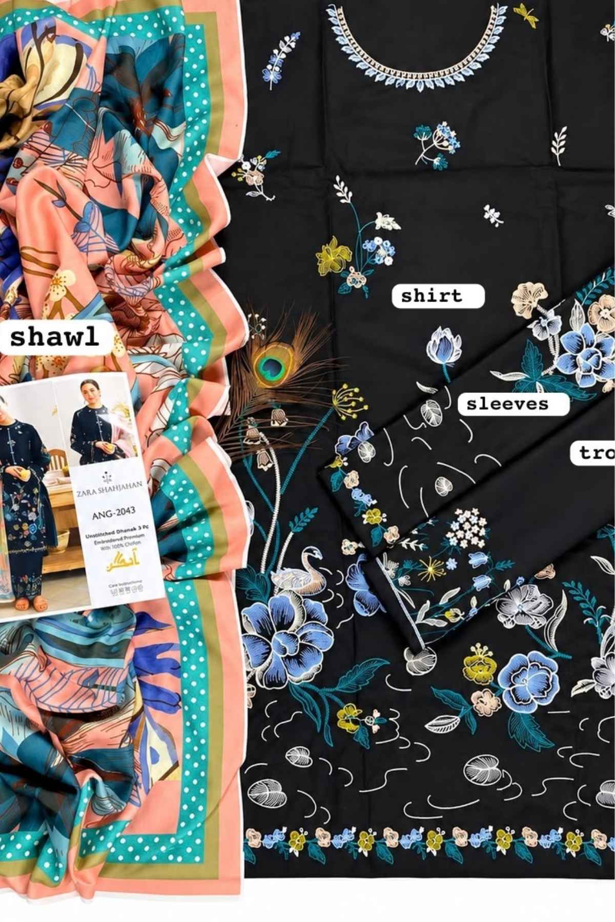Zara-Shajahan Embroidered Dhanak Unstitched 3 Piece Suit with Wool Shawl