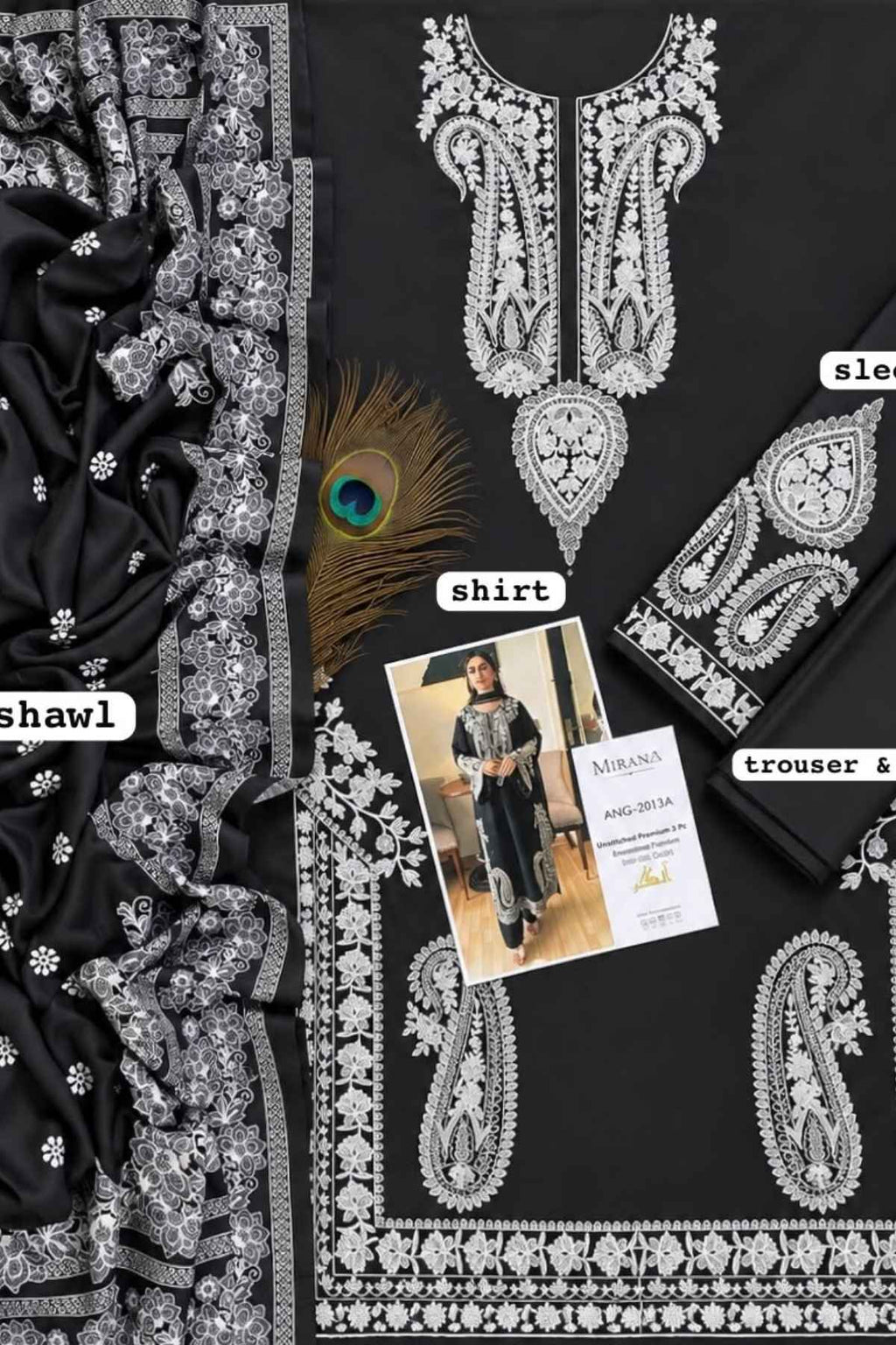 Black ethnic wear set with intricate silver embroidery, featuring a kurta, matching trousers, a shawl, and a peacock feather accent, arranged in a flat lay with a small model photo insert.