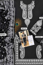 Black ethnic wear set with intricate silver embroidery, featuring a kurta, matching trousers, a shawl, and a peacock feather accent, arranged in a flat lay with a small model photo insert.