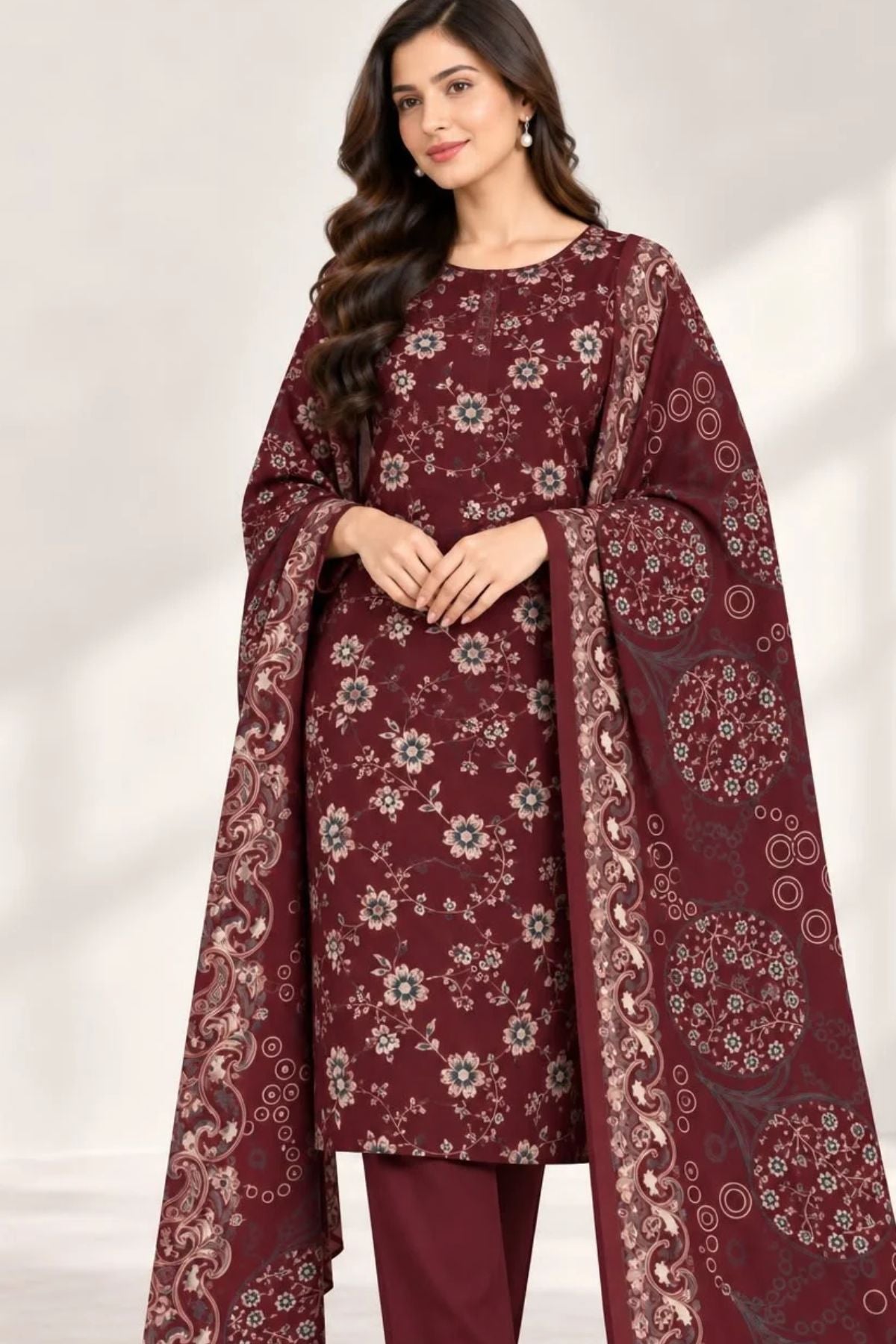 Floral Printed Dhanak Unstitched 3 Piece Winter Suit with Shawl