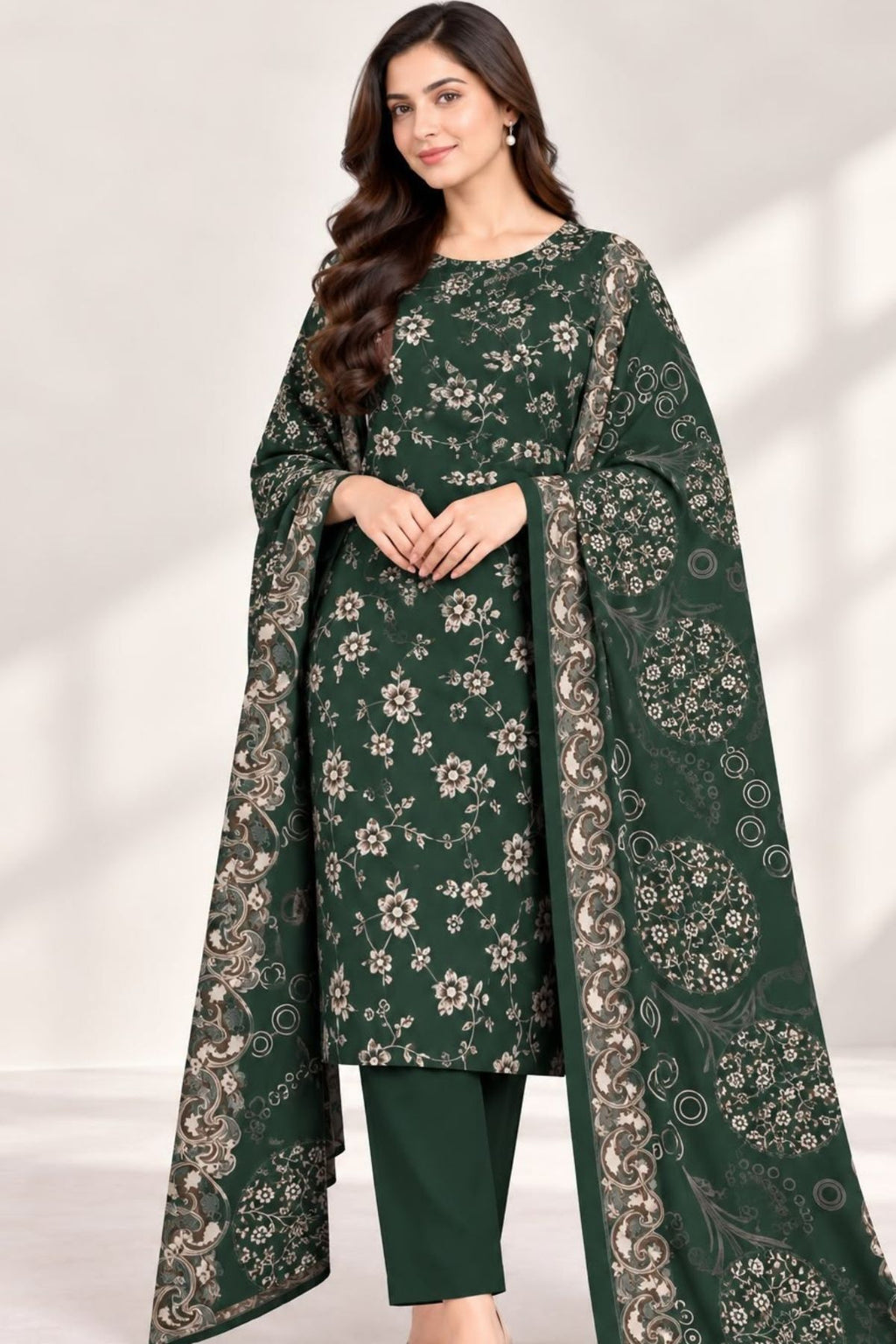 Floral Printed Dhanak Unstitched 3 Piece Winter Suit with Shawl