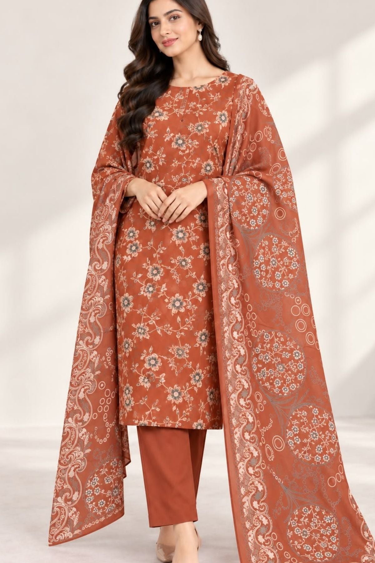 Floral Printed Dhanak Unstitched 3 Piece Winter Suit with Shawl