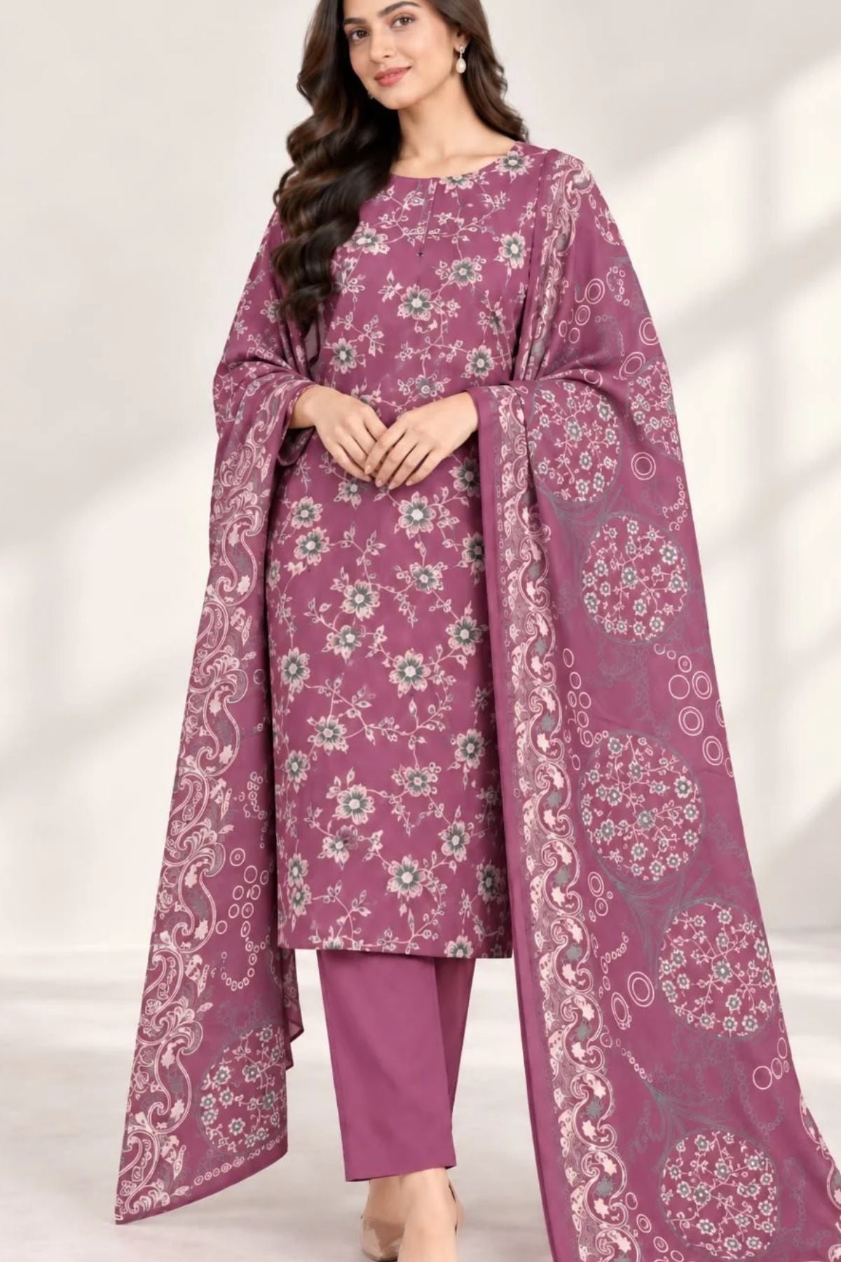 Floral Printed Dhanak Unstitched 3 Piece Winter Suit with Shawl
