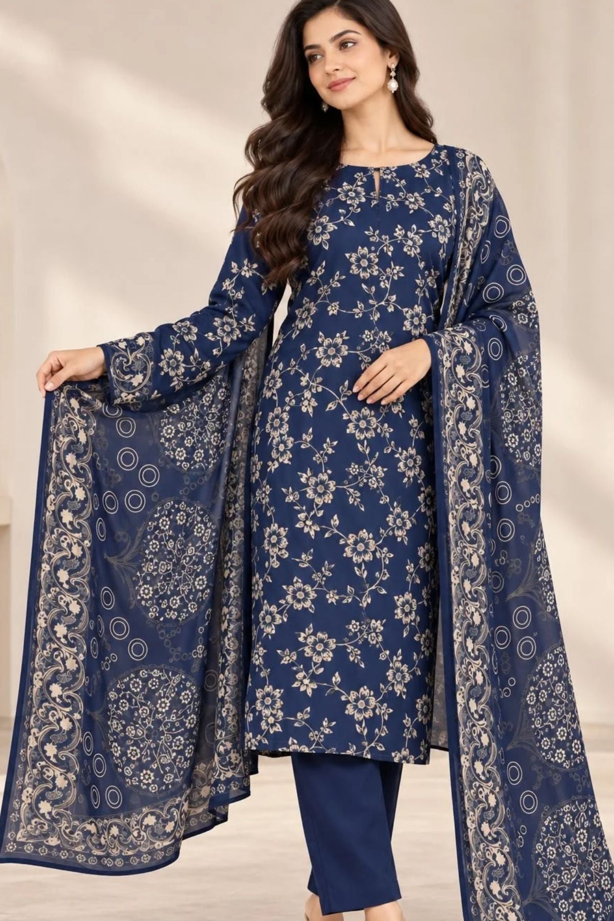Floral Printed Dhanak Unstitched 3 Piece Winter Suit with Shawl