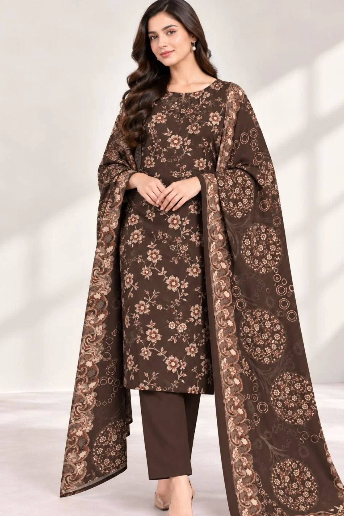 Floral Printed Dhanak Unstitched 3 Piece Winter Suit with Shawl