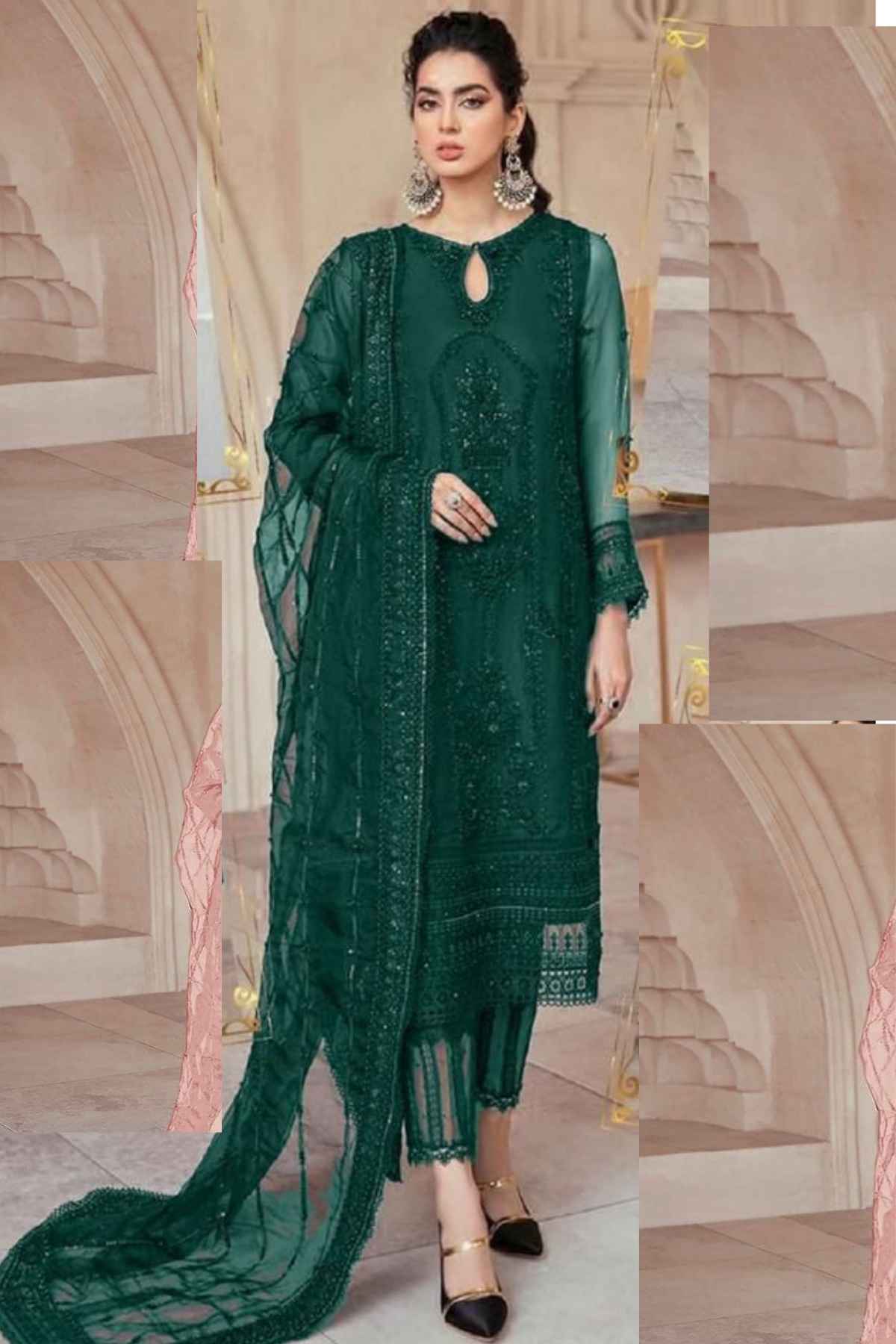 Woman wearing a green embroidered outfit with a matching dupatta in an indoor setting.