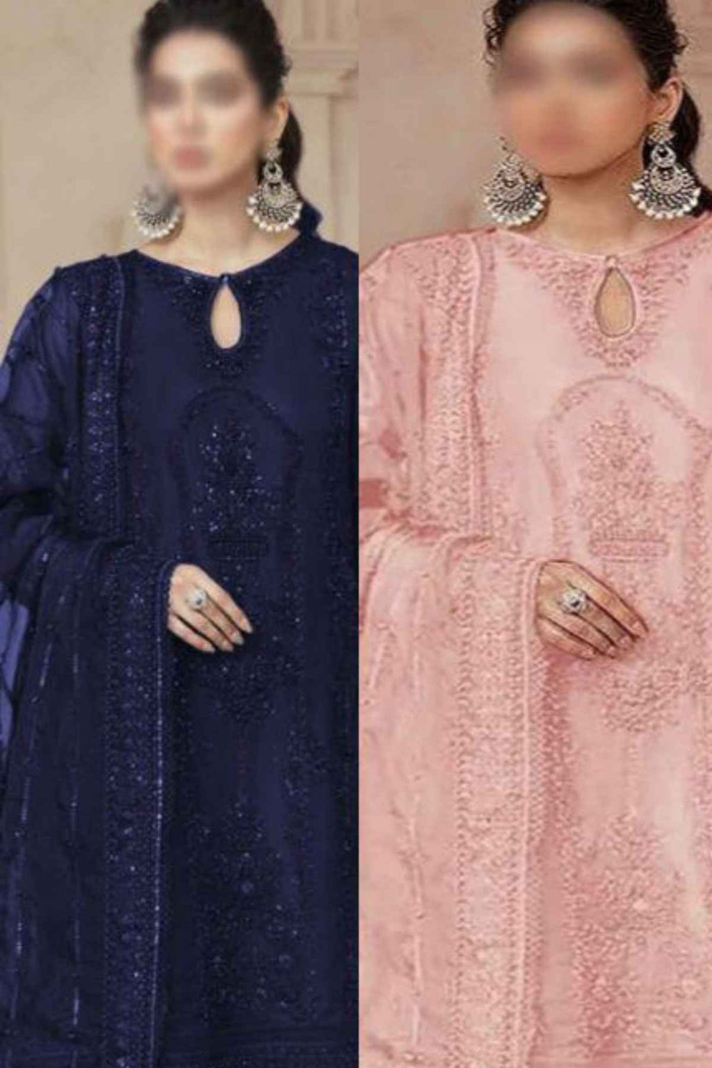 Two traditional outfits, one navy and one pink, worn by a person with blurred faces.