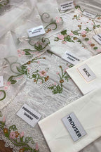 Embroidered fabric pieces with labels indicating parts of a garment on a white background.