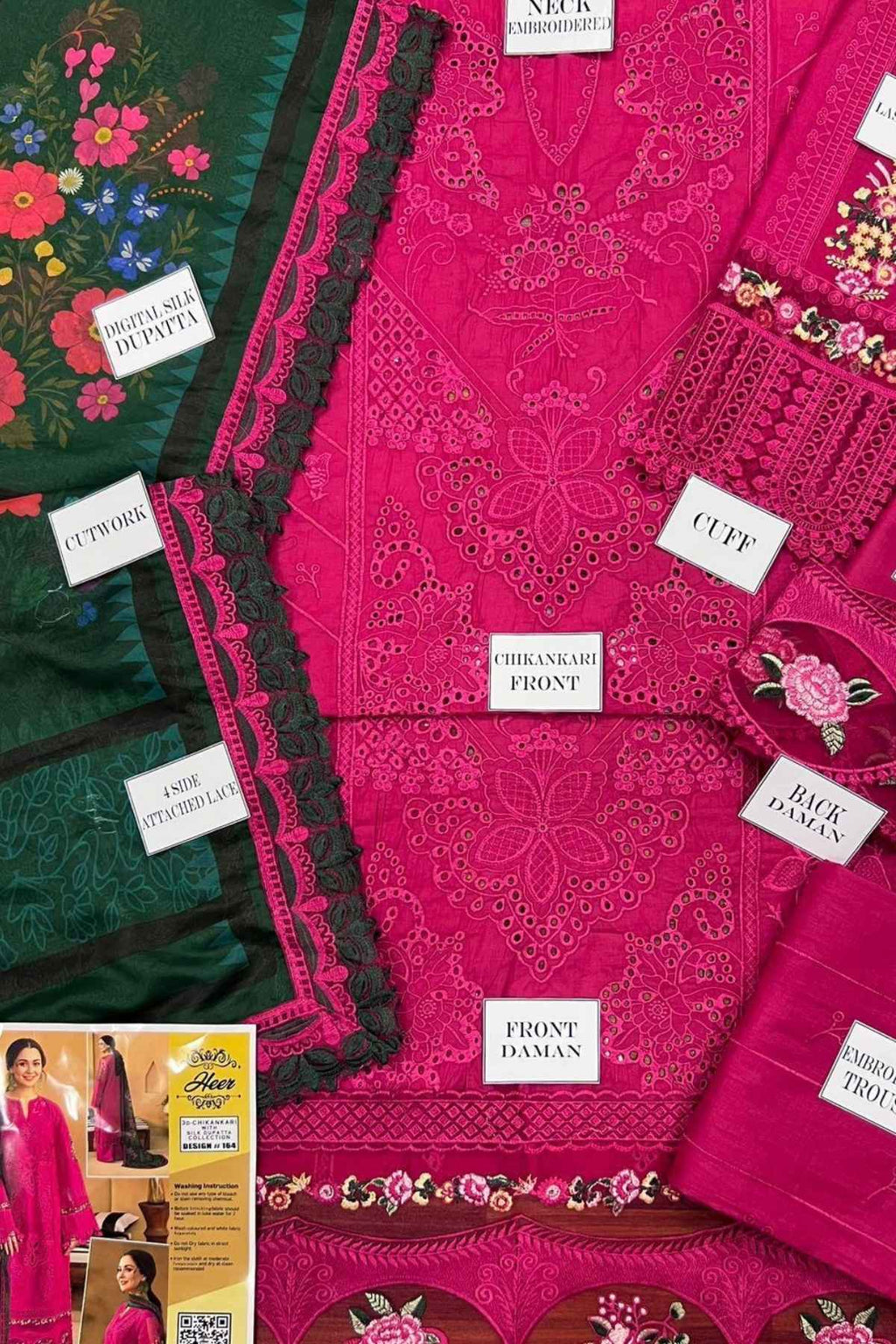 Pink embroidered fabric with labels and a smaller image of a woman wearing pink fabric.