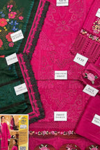 Pink embroidered fabric with labels and a smaller image of a woman wearing pink fabric.